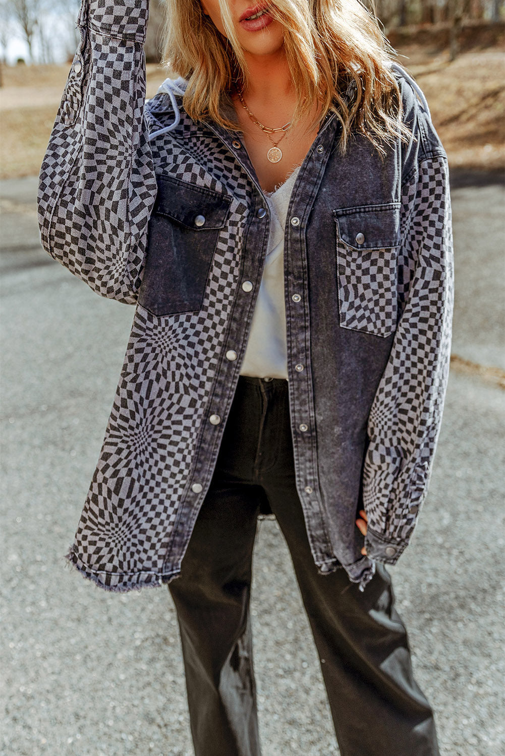 Checkered Snap Down Raw Hem Drawstring Hooded Jacket