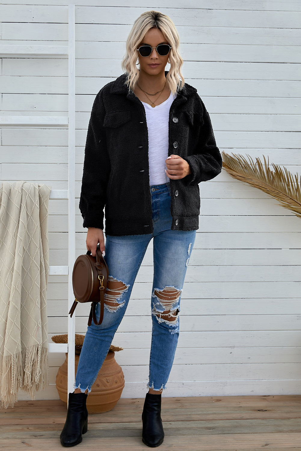 Drop Shoulder Collared Sherpa Jacket