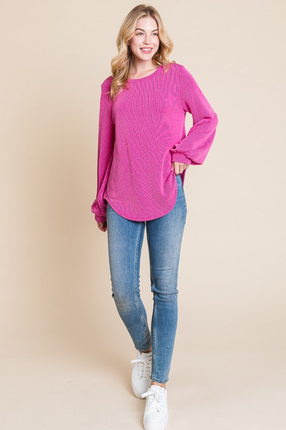 Fuchsia Long Sleeve Curved Hem Ribbed Tee