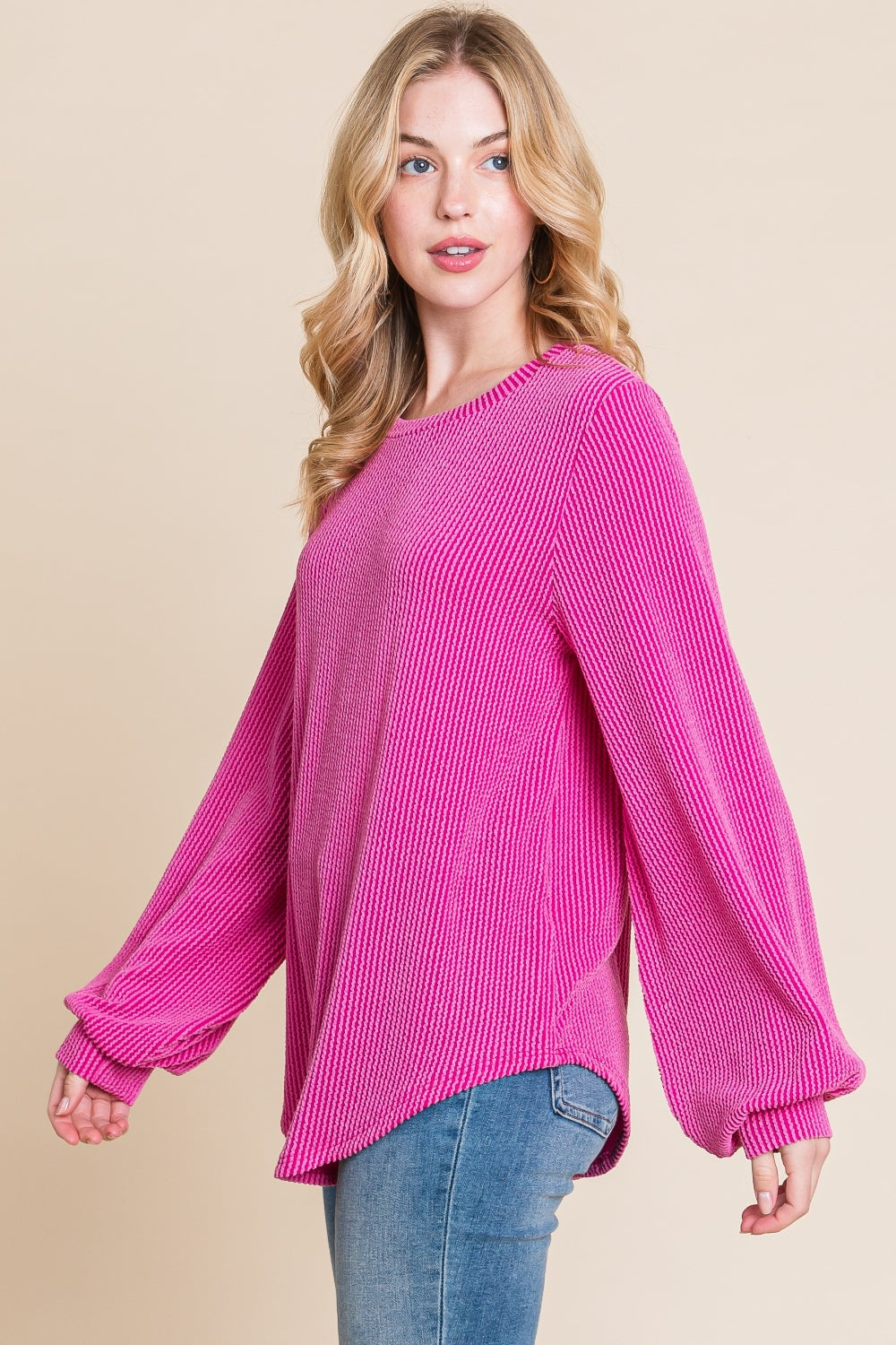 Fuchsia Long Sleeve Curved Hem Ribbed Tee
