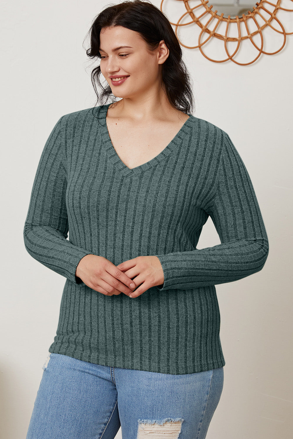 Ribbed V-Neck Long Sleeve Tee