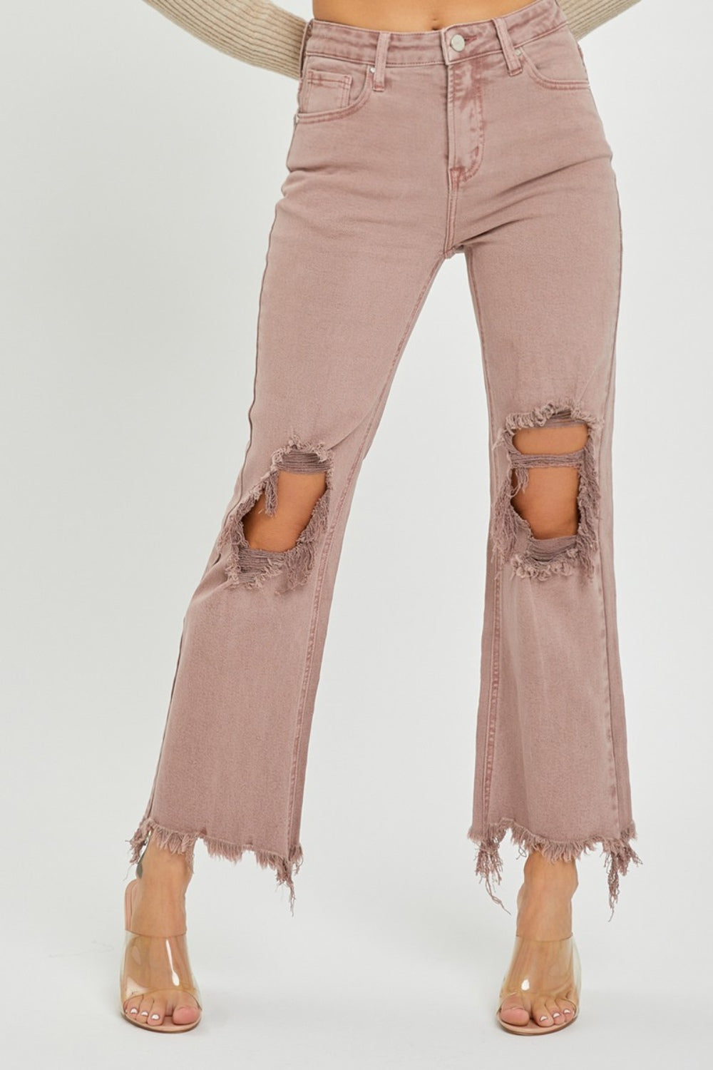 Mauve Distressed Ankle Bootcut Jeans