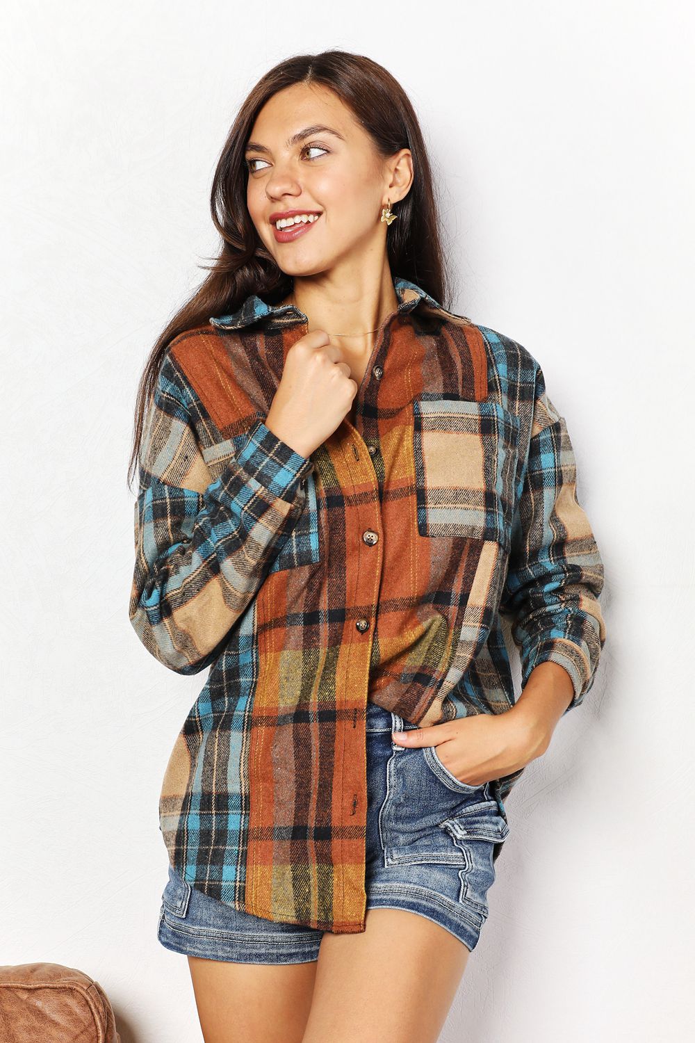 Plaid Curved Jacket with Breast Pockets