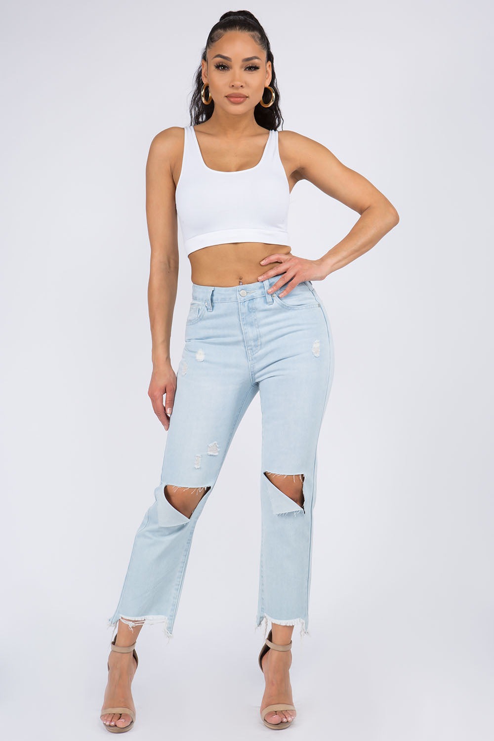 Melly High Waist Distressed Raw Hem Jeans