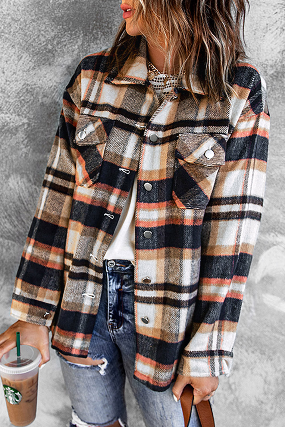 Plaid Button Front Shirt Jacket Pockets