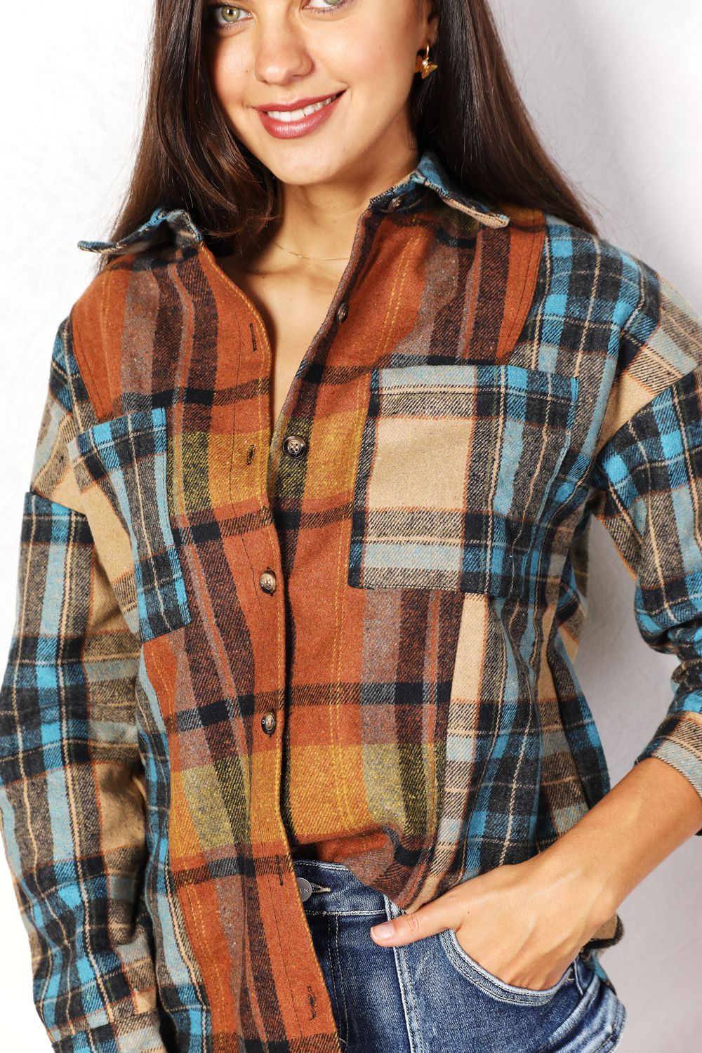 Plaid Curved Jacket with Breast Pockets