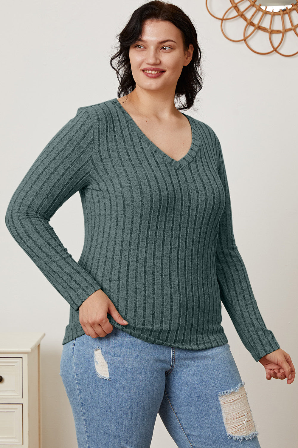 Ribbed V-Neck Long Sleeve Tee