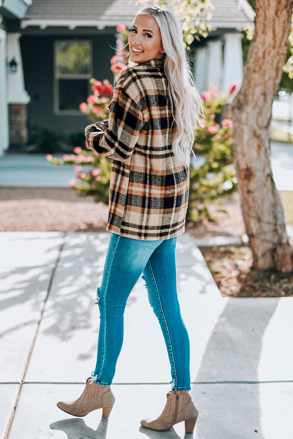 Plaid Button Front Shirt Jacket Pockets