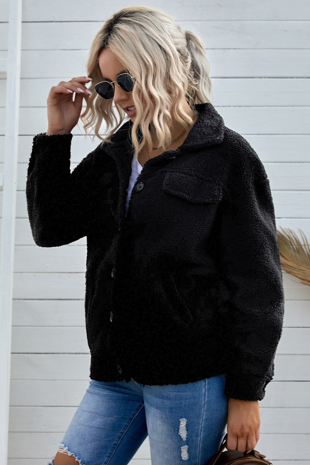 Drop Shoulder Collared Sherpa Jacket