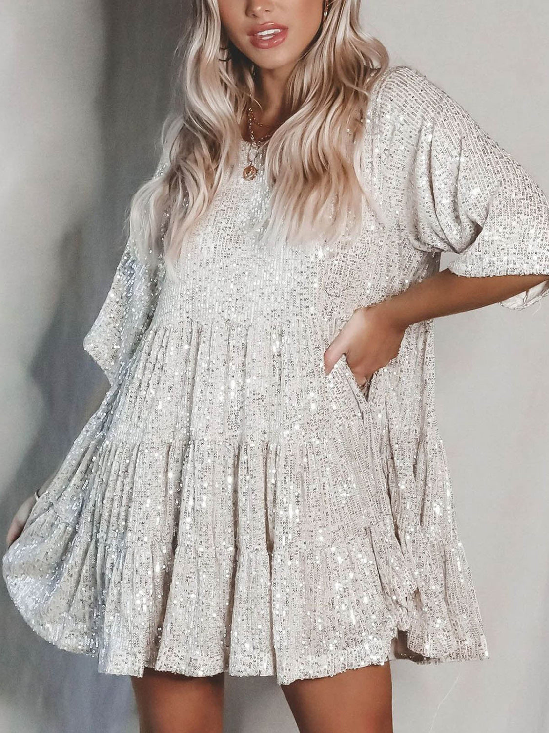 Sequin Round Neck Half Sleeve Mini Dress Wicked Ranch Boutique Sequin Round Neck Half Sleeve Mini Dress Wicked Ranch Boutique