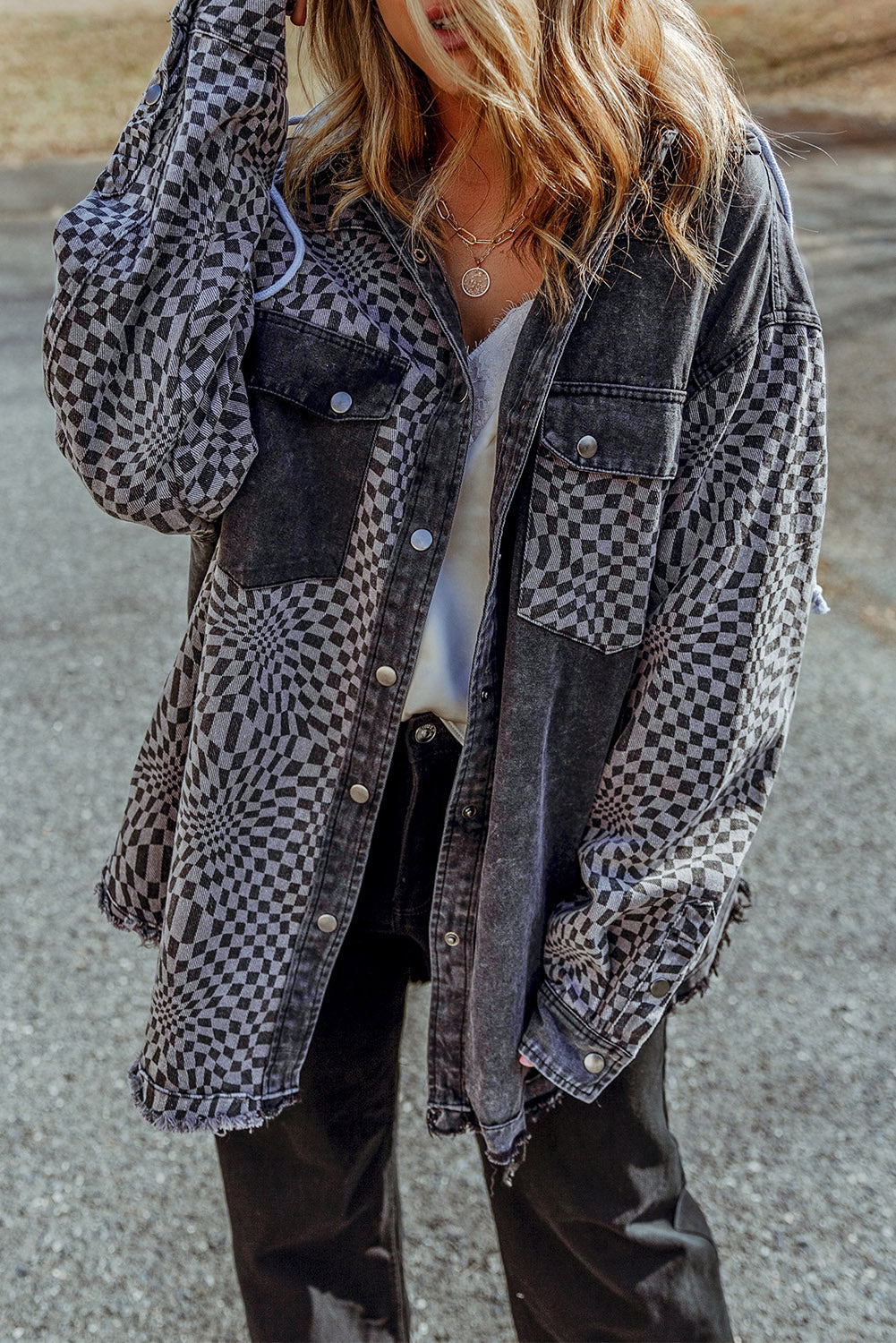 Checkered Snap Down Raw Hem Drawstring Hooded Jacket