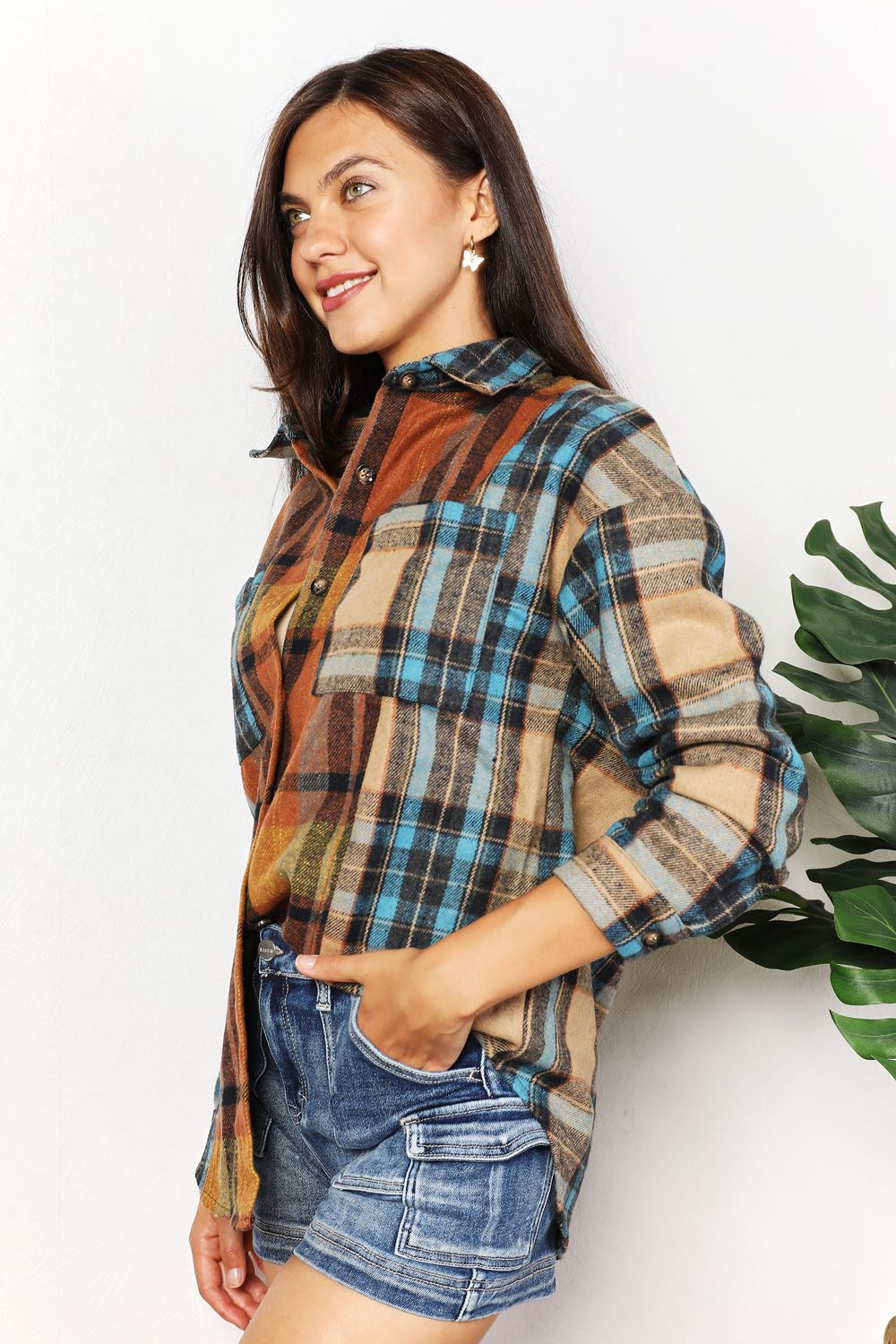 Plaid Curved Jacket with Breast Pockets