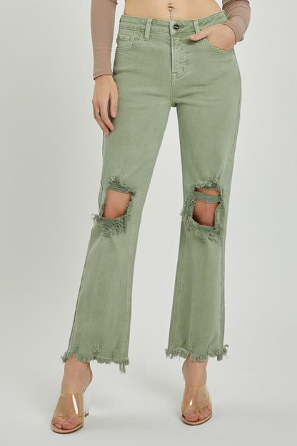 Olive Distressed Ankle Bootcut Jeans