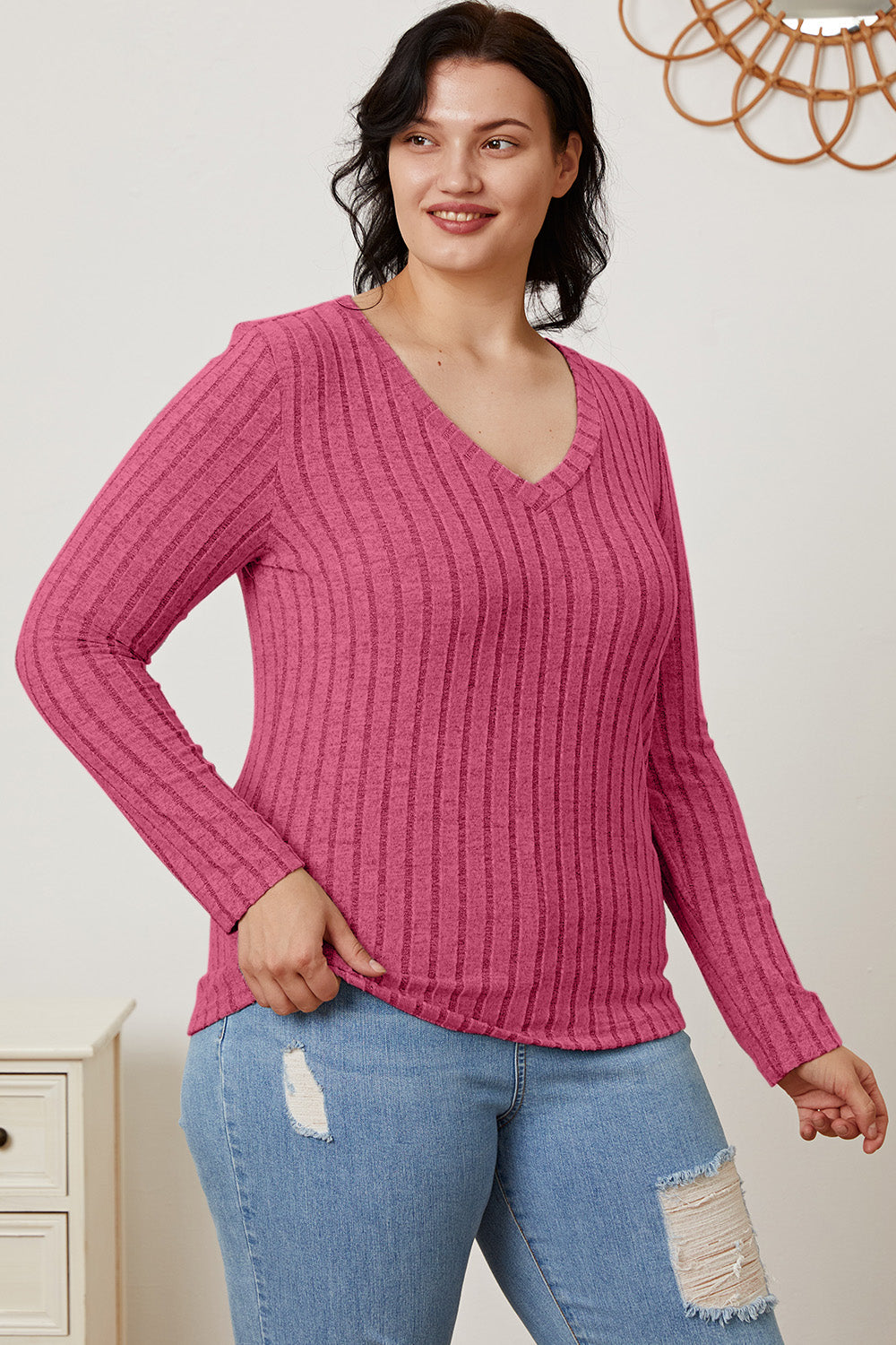 Ribbed V-Neck Long Sleeve Tee