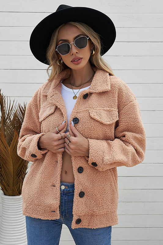 Drop Shoulder Collared Sherpa Jacket