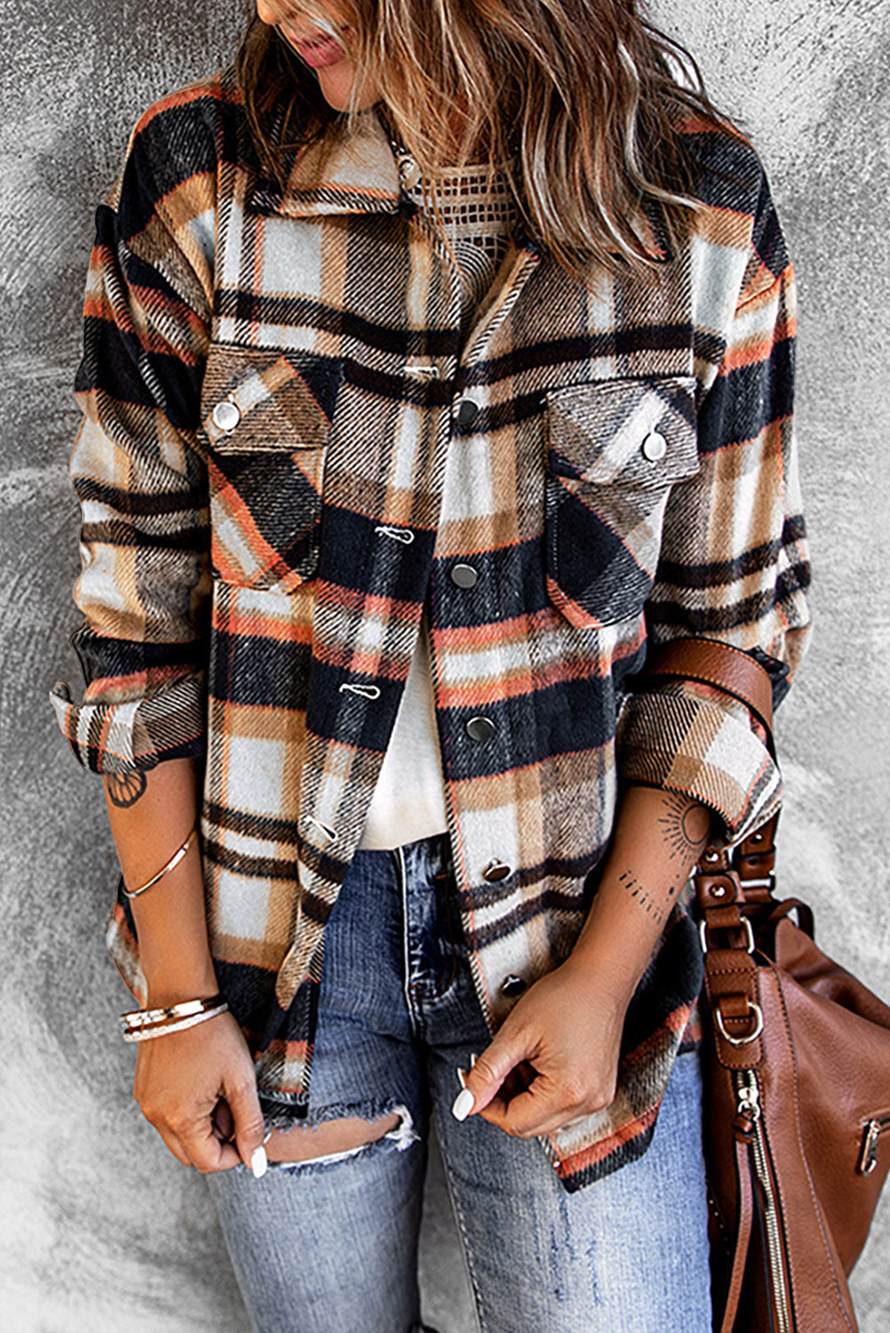 Plaid Button Front Shirt Jacket Pockets