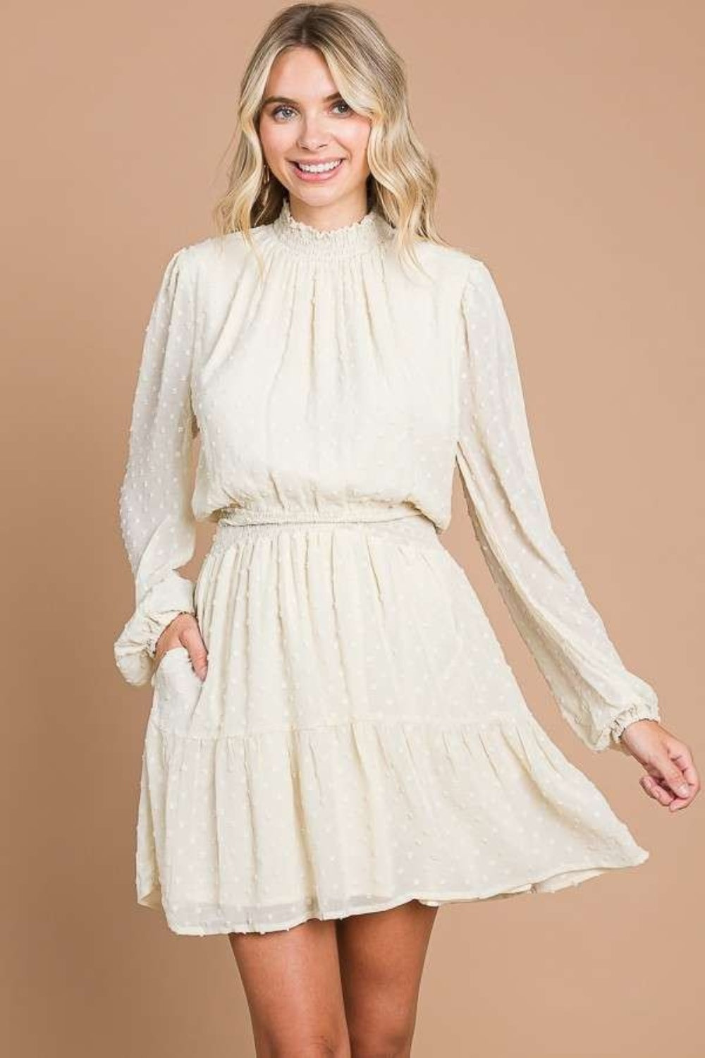 Smock Neck Mini Dress with Pockets