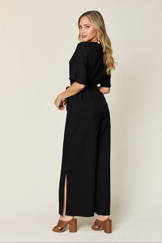 V-Neck Tied Side Slit Jumpsuit