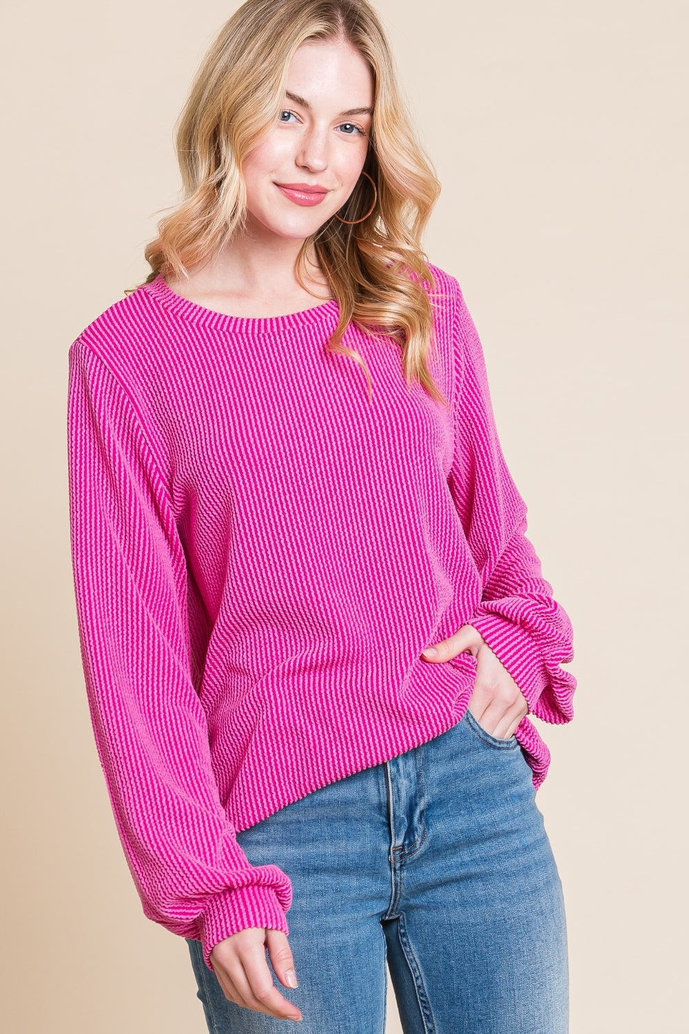 Fuchsia Long Sleeve Curved Hem Ribbed Tee