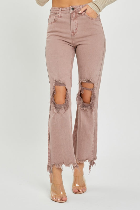 Mauve Distressed Ankle Bootcut Jeans