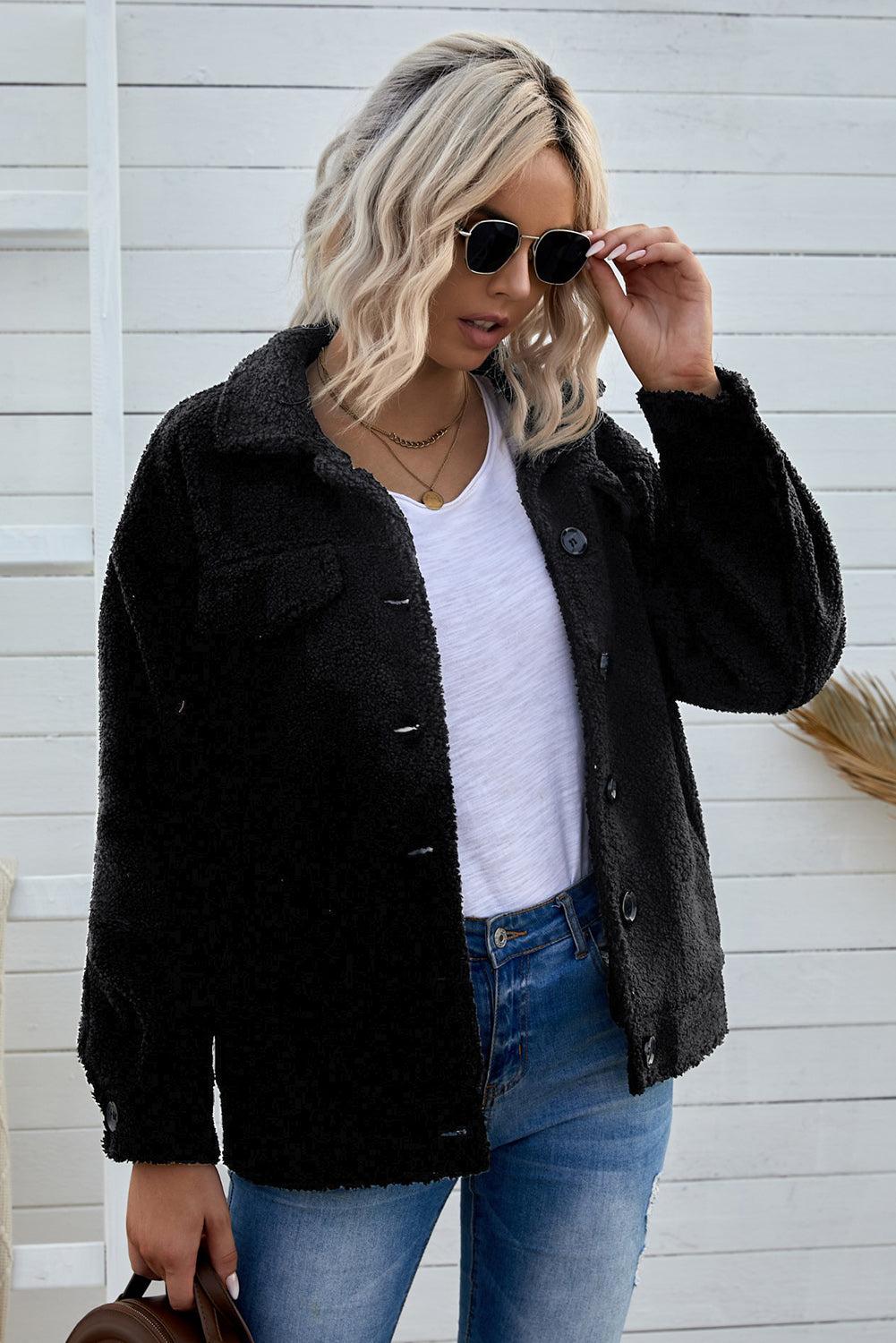 Drop Shoulder Collared Sherpa Jacket