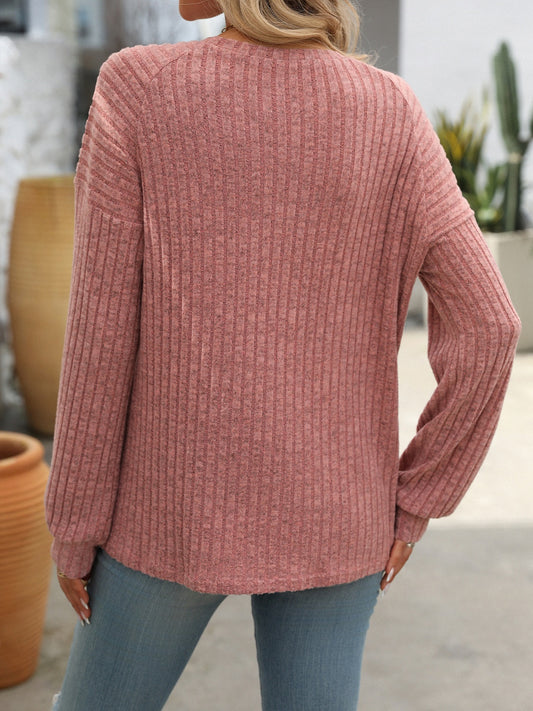 Decor Button Long Sleeve Ribbed T-Shirt