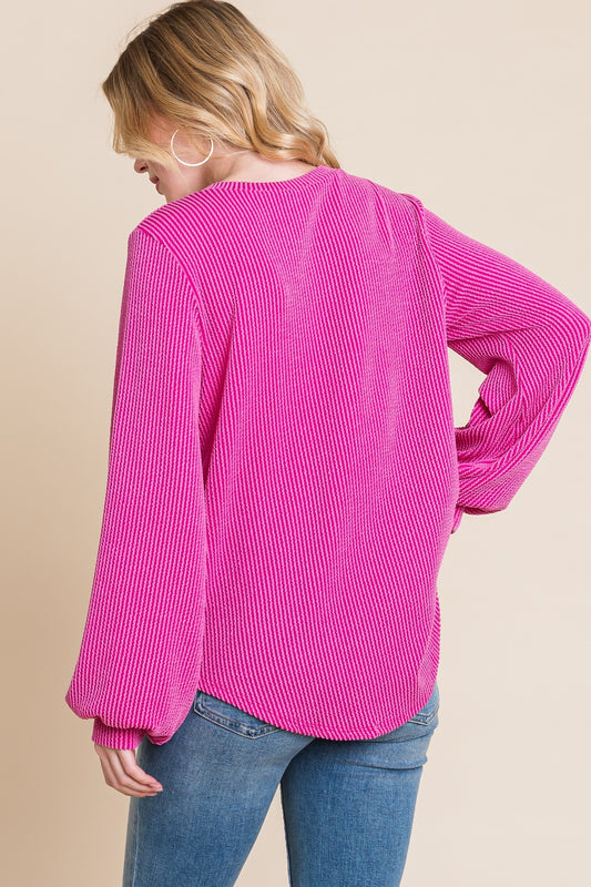 Fuchsia Long Sleeve Curved Hem Ribbed Tee