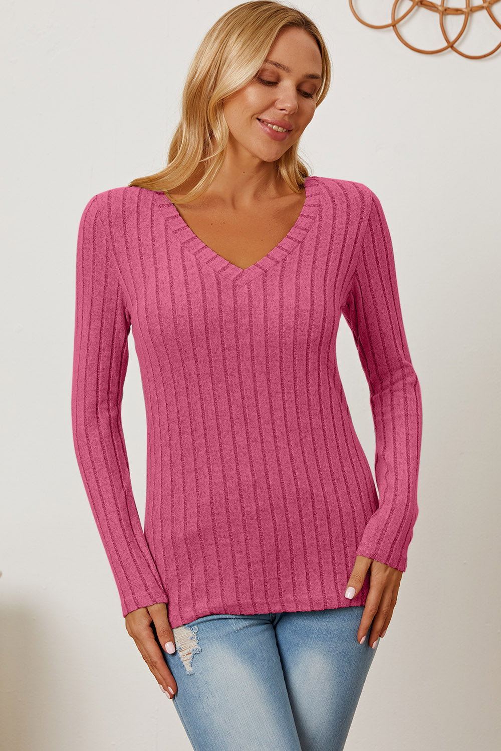 Ribbed V-Neck Long Sleeve Tee