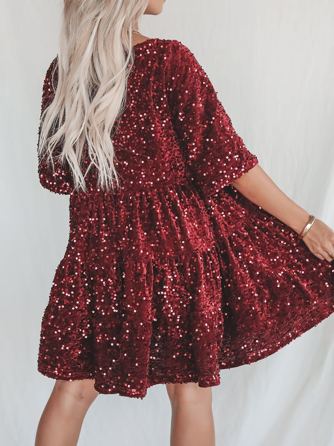 Sequin Round Neck Half Sleeve Mini Dress