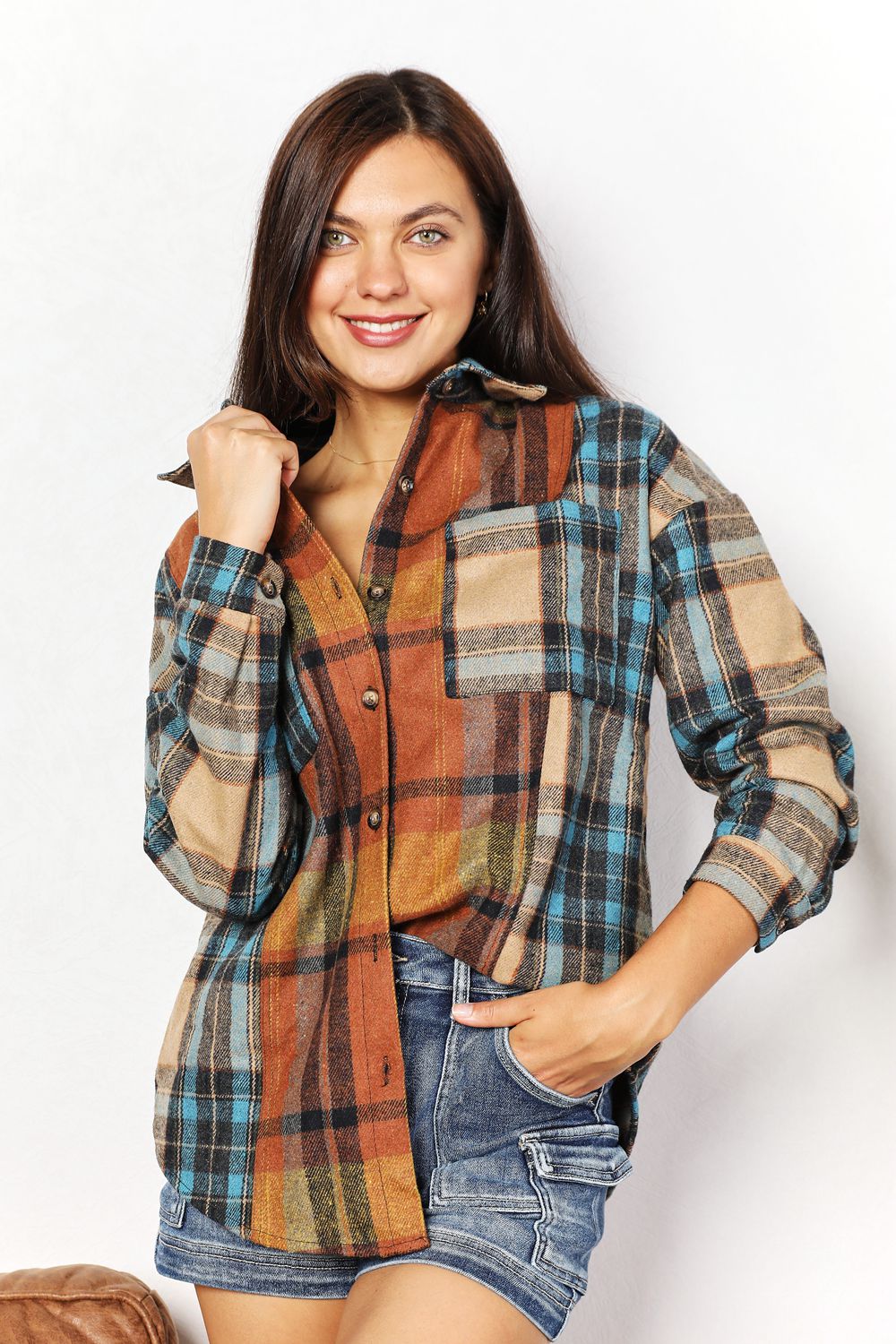 Plaid Curved Jacket with Breast Pockets