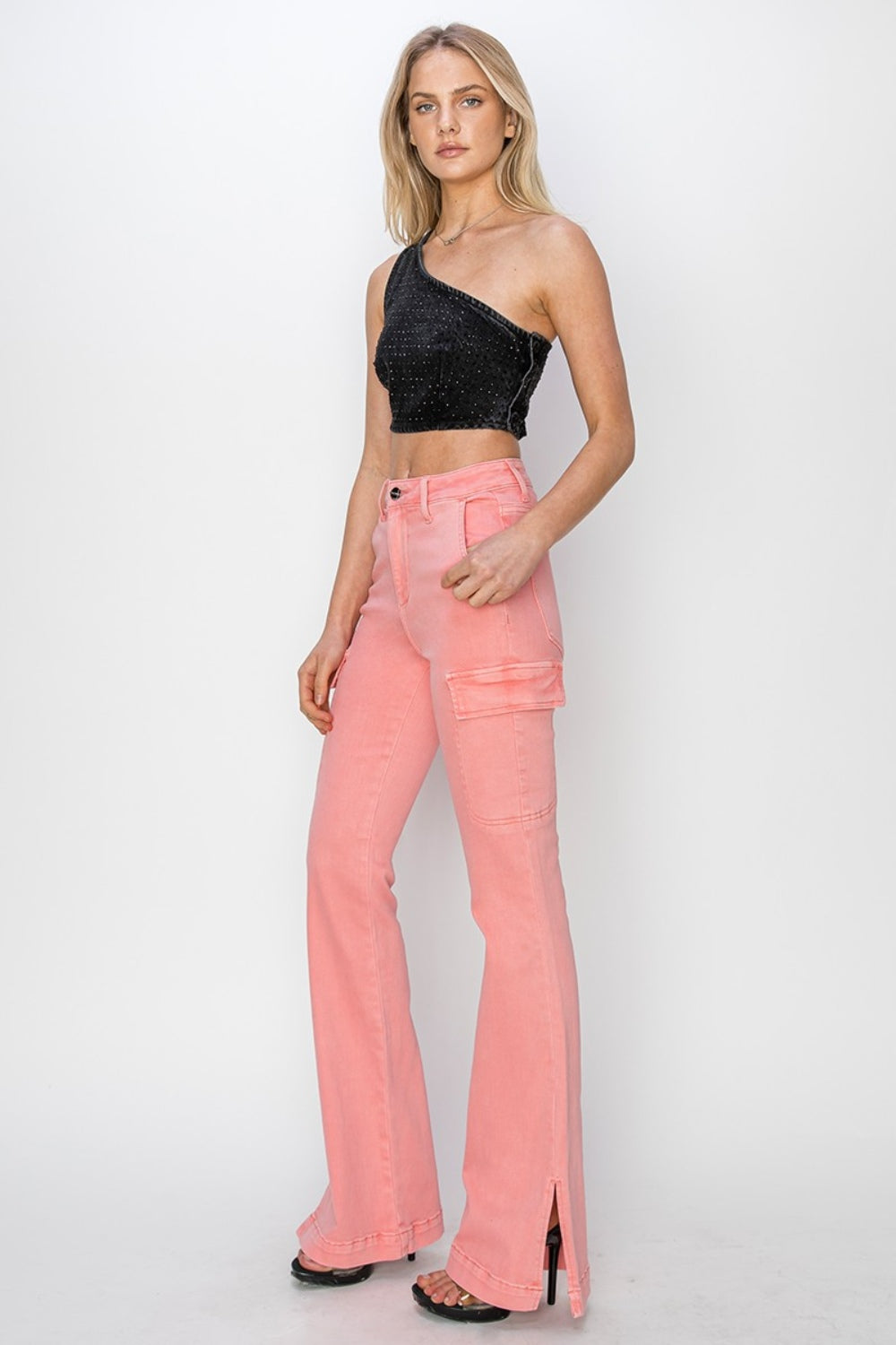 Full Size High Rise Side Slit Cargo Bootcut Jeans